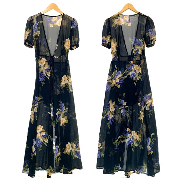 Urban Outfitters Sheer Floral Maxi Dress XS Black Lohi Puff Sleeve Whimsigoth - Picture 4 of 15